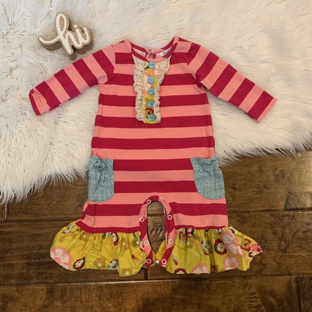 Peaches n Cream Baby Girls Striped Jumpsuit Size 3-6 M Romper Pink Ruffle Leg LS